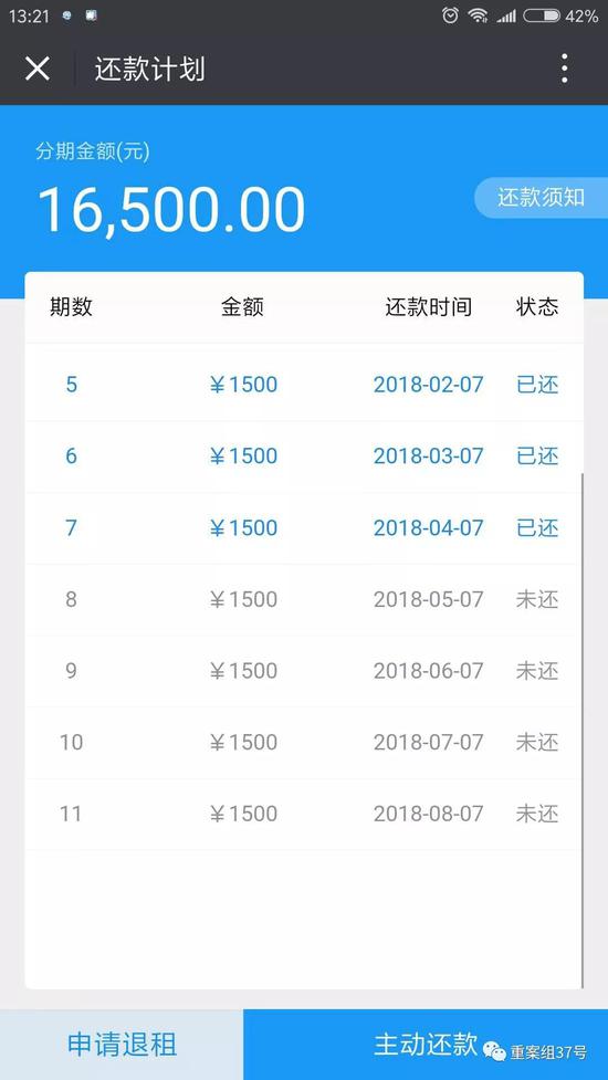 ▲元宝e家平台上一名租户的还款计划。    APP截图