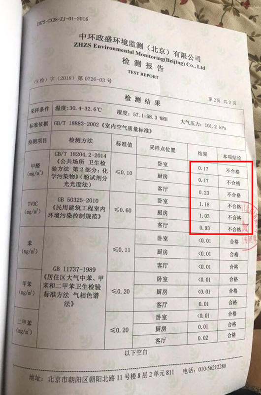 机构的检测结果显示，刘雅卧室、厨房、客厅的甲醛、TVOC均超标。