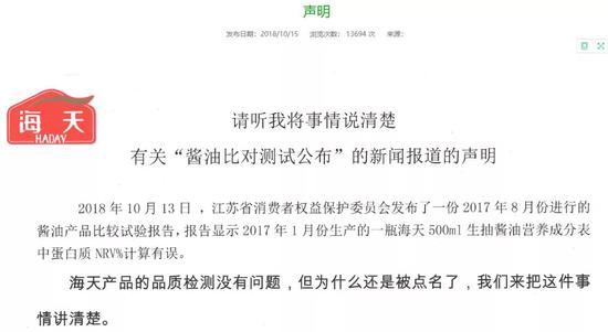 ▲海天味业还在其官网发布声明称“海天产品的品质检测没有问题，但为什么还是被点名了”。